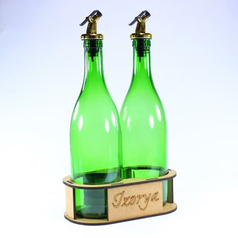 Lazer Kesim Stantlı Zeytinyağı Şişe Seti 2’li Yağdanlık Sosluk Sirkelik 2×750 ml Açık Yeşil Gold Renk Akıtıcılı