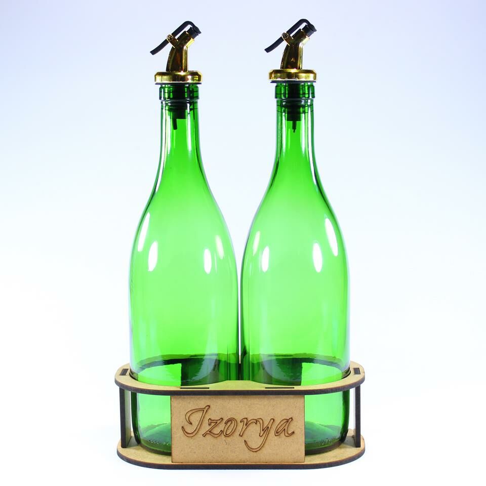 Lazer Kesim Stantlı Zeytinyağı Şişe Seti 2’li Yağdanlık Sosluk Sirkelik 2×750 ml Açık Yeşil Gold Renk Akıtıcılı