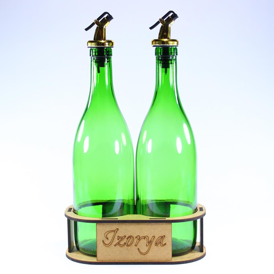 Lazer Kesim Stantlı Zeytinyağı Şişe Seti 2’li Yağdanlık Sosluk Sirkelik 2×750 ml Açık Yeşil Gold Renk Akıtıcılı